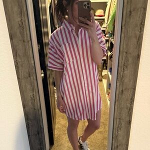 Pink and White Striped Shirt Dress